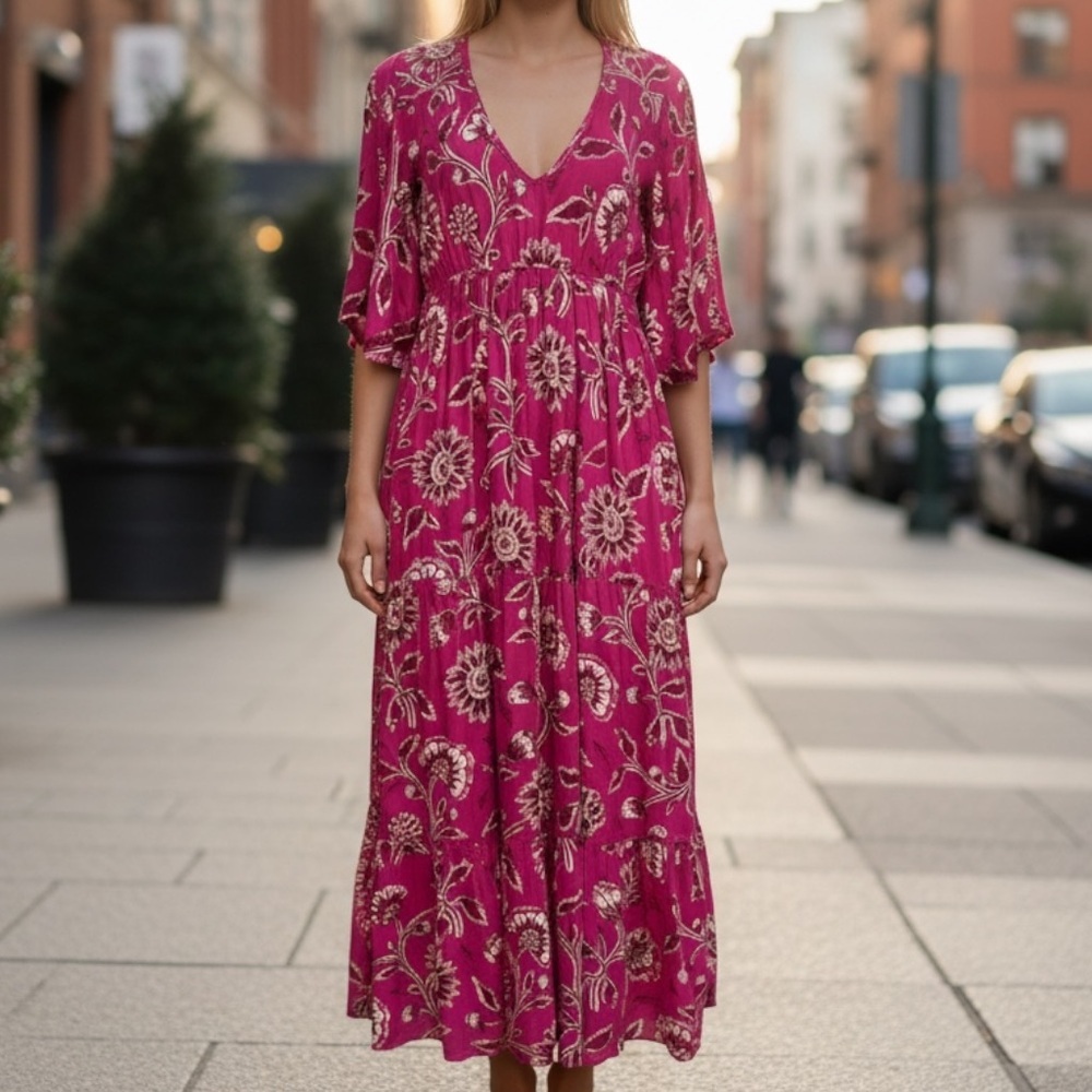 Anthropologie Omika Pia Caftan Boho Ethereal Beachy Maxi Dress Pink + Floral XS